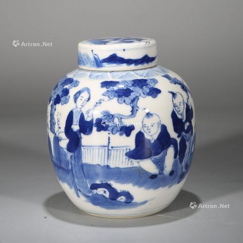 【清光绪 青花教子图盖罐】拍卖品